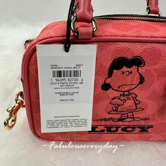 Coach X Peanuts Satchel Crossbody Bag In Sig Canvas with Lucy In Coral CBJ62 NWT - Picture 5 of 10